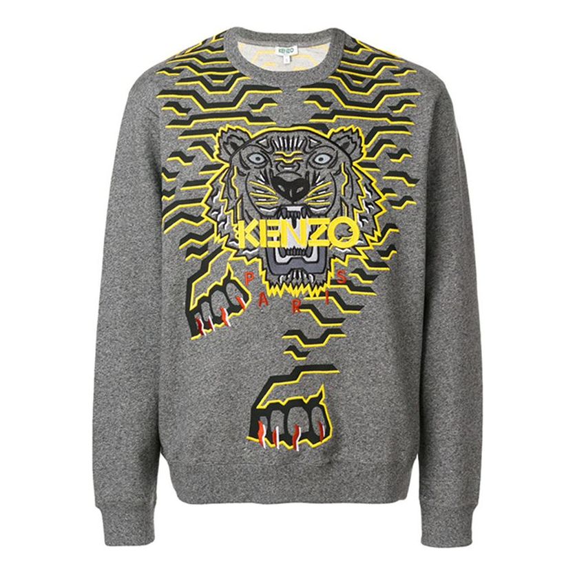 Men's KENZO Tiger Head Embroidered Round Neck Long Sleeves Gray 5SW0764XE-98