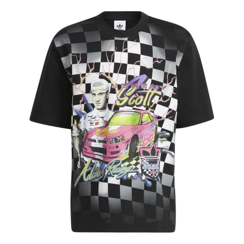 adidas originals x JEREMY SCOTT Crossover FW22 Casual Grid Printing Sports Short Sleeve Black T-Shirt HG6512