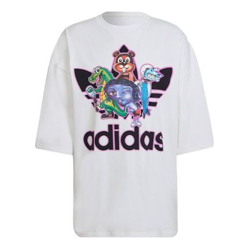 Men's adidas originals x Kerwin Frost Crossover Cartoon Printing Loose Round Neck Short Sleeve White T-Shirt HB2964