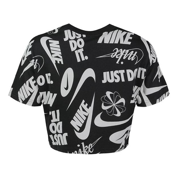 (WMNS) Nike Just Do It Full Print Logo Short Sleeve 'Black Grey' AR6348-010