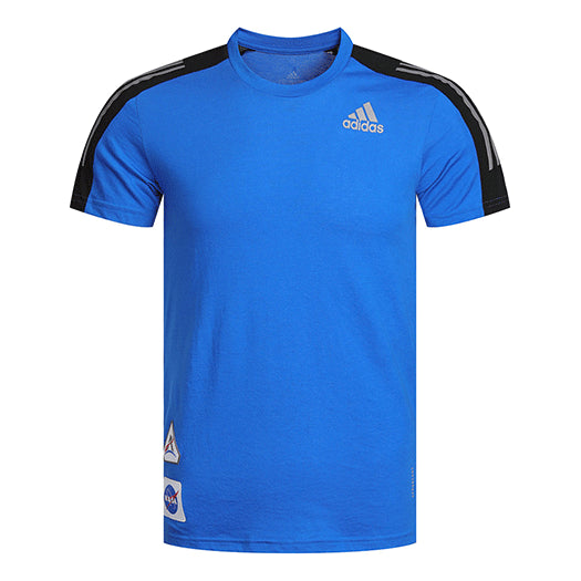 adidas Logo Printing Contrasting Colors Shoulder Round Neck Short Sleeve Blue GP5804