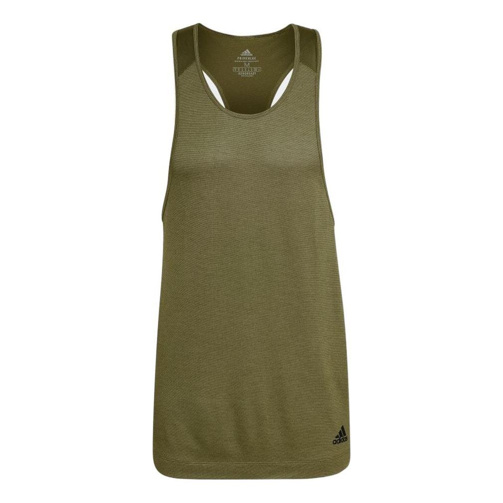 Men's adidas Solid Color Straight Round Neck Sports Olive Green Vest HC4436