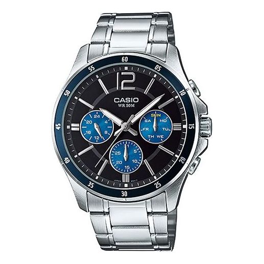 CASIO Business Style Waterproof Quartz Men Silver/Black Stainless Steel Strap Mens Blue Analog MTP-1374D-2A