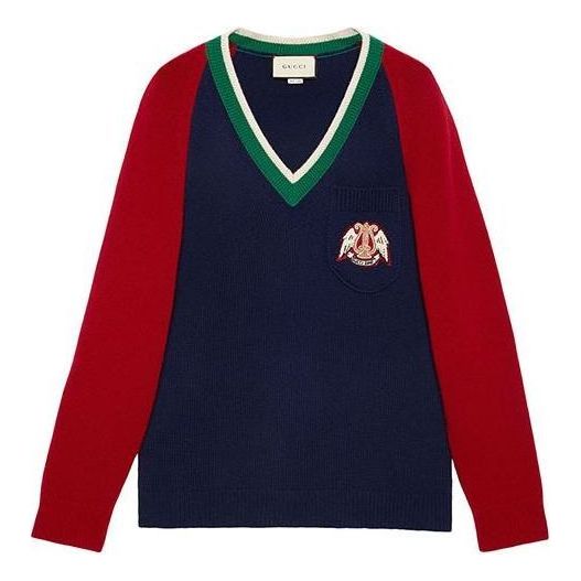 Gucci V-neck Wool Sweater With Lyre 'Blue' 575504-XKATG-4278