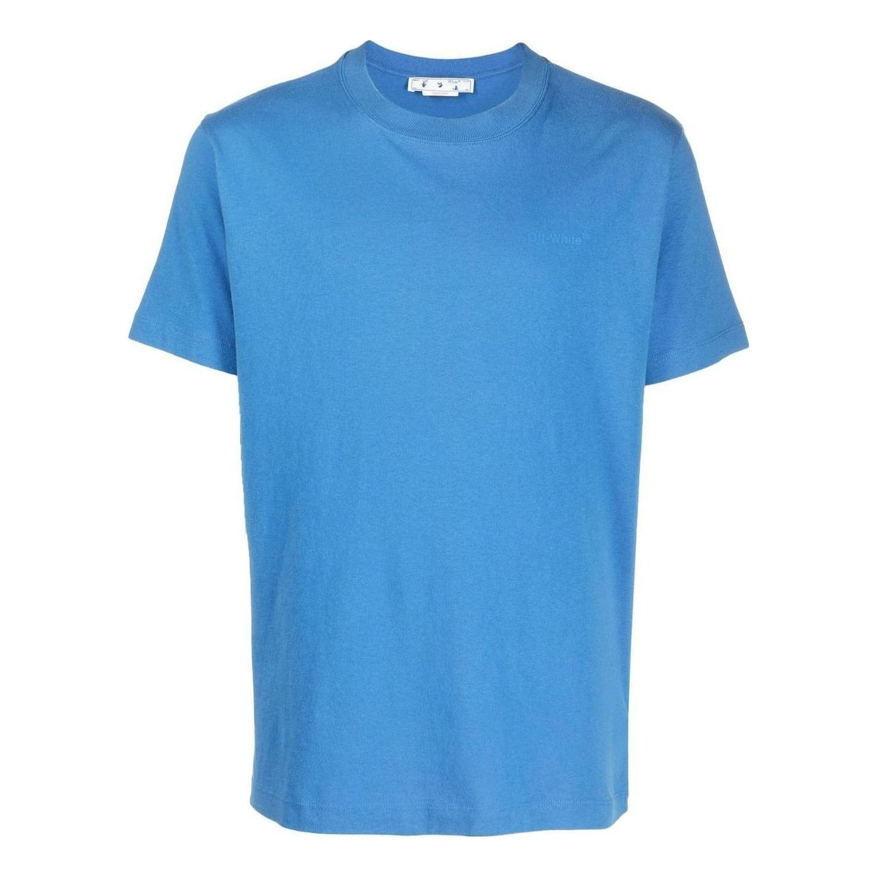 Men's Off-White FW22 Back Large Logo Printing Round Neck Short Sleeve Blue T-Shirt OMAA027F22JER0014545