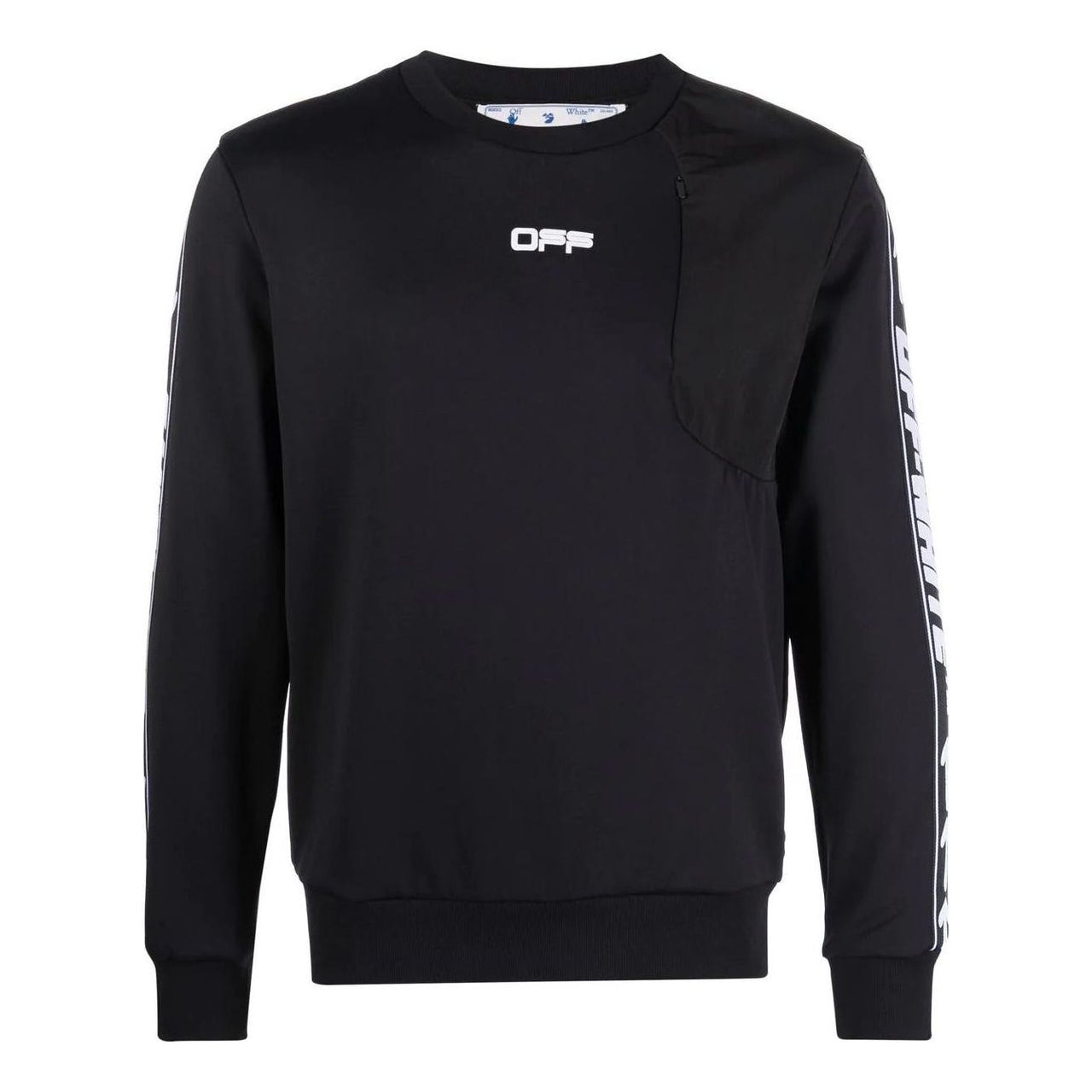 Men's Off-White FW22 Asymmetric Splicing Logo Webbing Round Neck Long Sleeves Black OMVD003C99FAB0011001