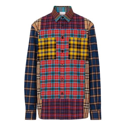 Men's Burberry Colorblock Plaid Loose Shirt Navy Blue 80343781