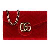 (WMNS) Gucci GG Marmont Gold Logo Distress Velvet Chain Shoulder Messenger Bag Mini Red 474575-9QIDT-6433