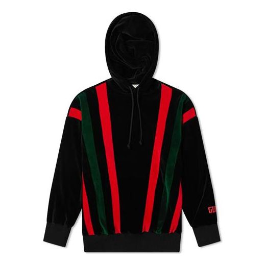 Gucci Velvet Striped Hooded Drawstring Sweatshirt For Men Black 598983-XJBPG-1082