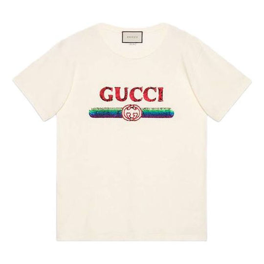 (WMNS) Gucci Sequined Letter Logo Oversized Short-Sleeved For White 492347-XJARM-7136