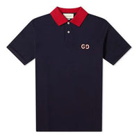 Gucci GG Logo Embroidered Contrasting Colors Short Sleeve Polo Shirt Navy Blue 574086-XJA6C-4062