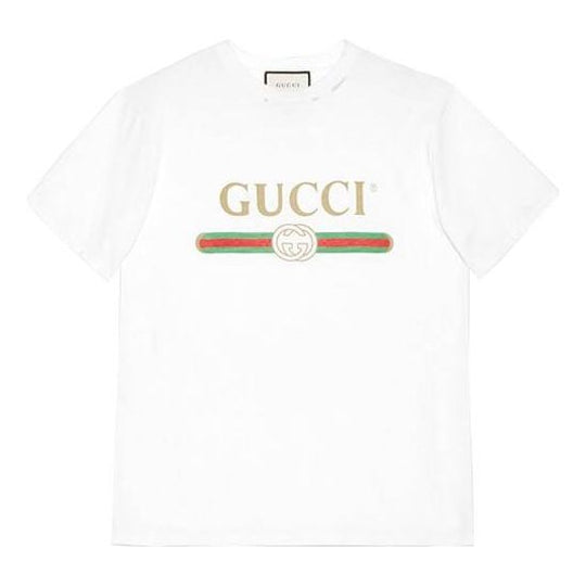 (WMNS) Gucci Large logo Belt Printing Short Sleeve White 457095-X5L89-9234