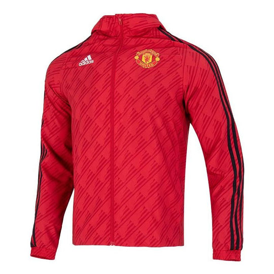 Men's adidas Solid Color Stand Collar Zipper Manchester United Soccer/Football Logo Sports Hooded Jacket Red HE6649