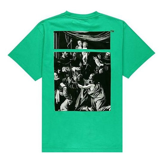 Men's Off-White Caravaggio Square Back Printing Short Sleeve Loose Version Green o Virgil Abloh Tee OMAA038S201850054488