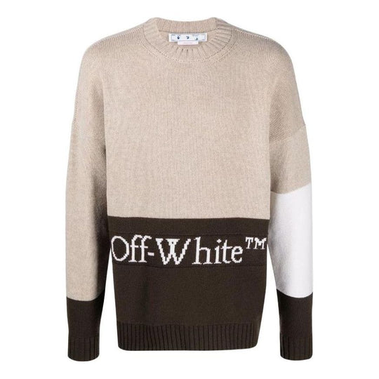 Men's Off-White SS22 Logo Intarsia Colorblock Wool Sweater Beige OMHE048S22KNI0011761