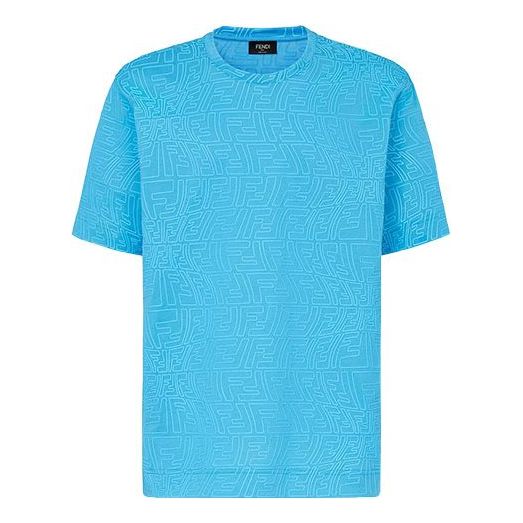 Men's FENDI FW21 F Pattern Printing Round Neck Short Sleeve Light Blue T-Shirt FY0936AGABF1DO8