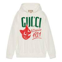 (WMNS) Gucci Cotton jersey hooded sweatshirt with Gucci Depuis 1921 cat print 'White' 717427-XJFNL-9095