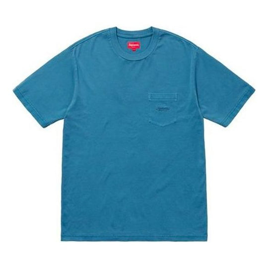 Supreme SS18 Overdyed Pocket Tee Washed Dark Blue Logo Tee SUP-SS18-144