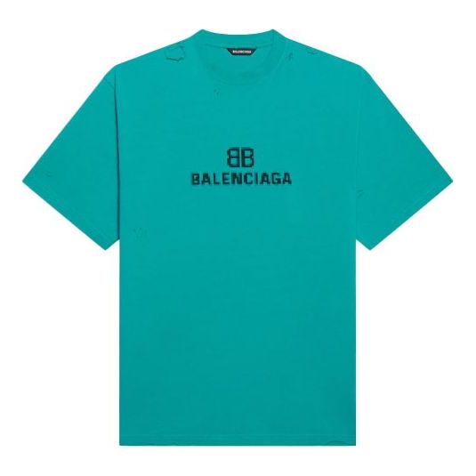 Balenciaga Mosaic Logo BB Alphabet Loose Hole Distress Short Sleeve Unisex Blue 651795TKVF53660