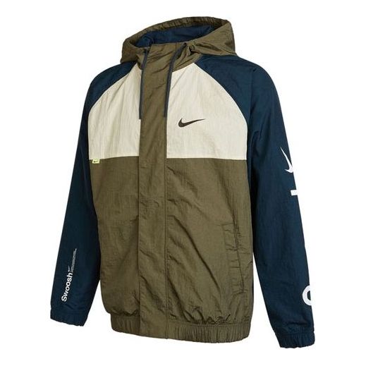 Men's Nike Alphabet Logo Printing Colorblock Hooded Jacket Autumn Olive Green DX6311-222