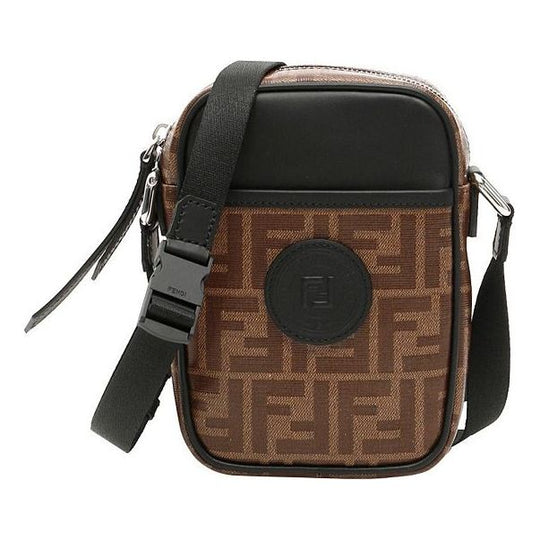 FENDI Logo FF Pattern Black Circular Logo Canvas Shoulder Messenger Bag Brown / Black 7VA456-A5K4-F17PZ