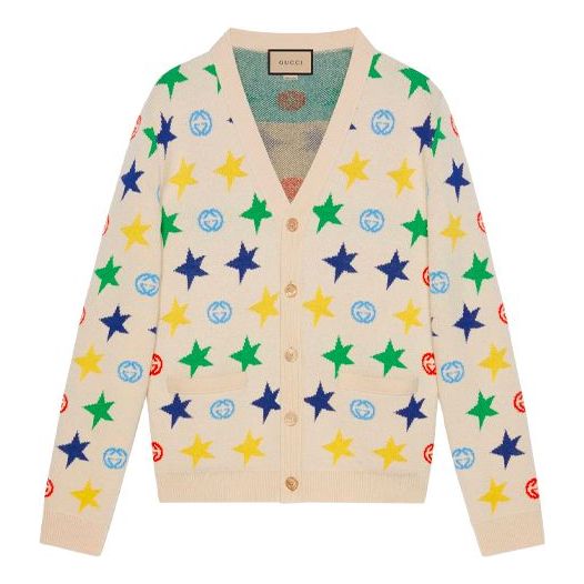 Men's Gucci FW21 Double G Star Full Print Jacquard V Neck Wool Cardigan White 663454-XKBXY-9275