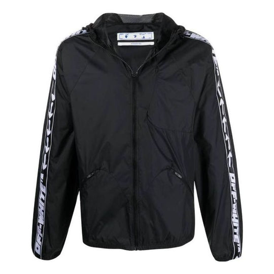 Men's Off-White SS22 Splicing Retro Sports Logo Jacquard Zipper Hooded Jacket Black OMVL014C99FAB0011001