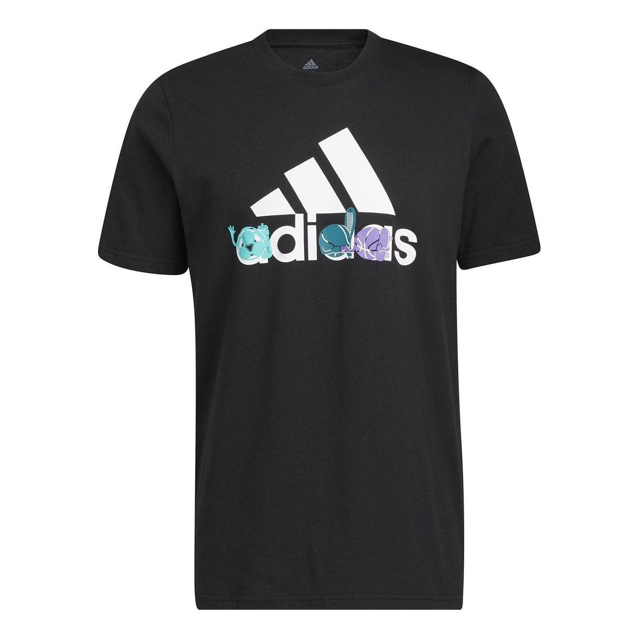 Men's adidas Logo Cartoon Pattern Printing Round Neck Short Sleeve Black T-Shirt HE4837