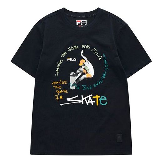 FILA FUSION Casual Sports Skateboard Pattern Printing Short Sleeve Black T11M123103F-BK