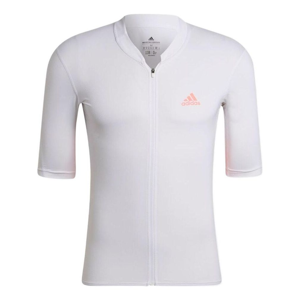 Men's adidas Logo Printing Stripe Zipper Half Sleeve White T-Shirt HB0534