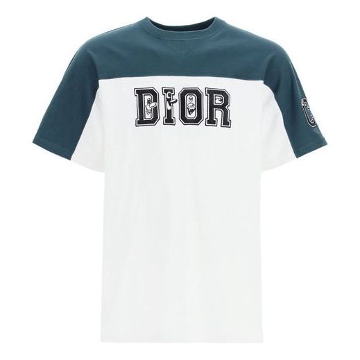 Men's DIOR Logo Printing Colorblock Round Neck Short Sleeve Green T-Shirt 193J646A0554-680