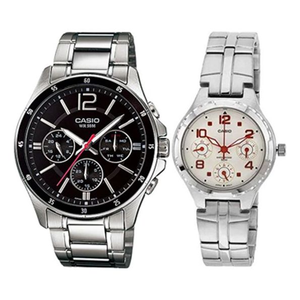 CASIO Couple Waterproof Stainless Steel Strap SilverWhite Analog MTP-1374D-1A&LTP-2064A-7A2