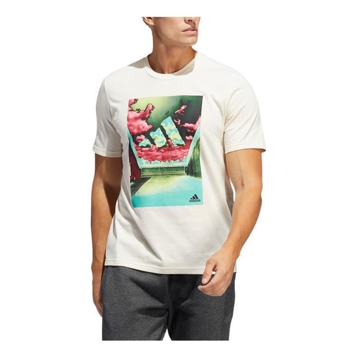 Men's adidas Logo Pattern Printing Round Neck Casual Short Sleeve White T-Shirt HE2309