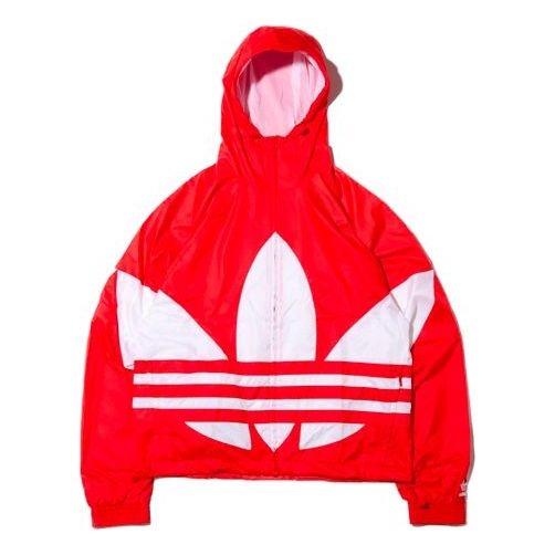 adidas originals Big trefoil Stripe Large Logo hooded Casual Jacket Red FM7076