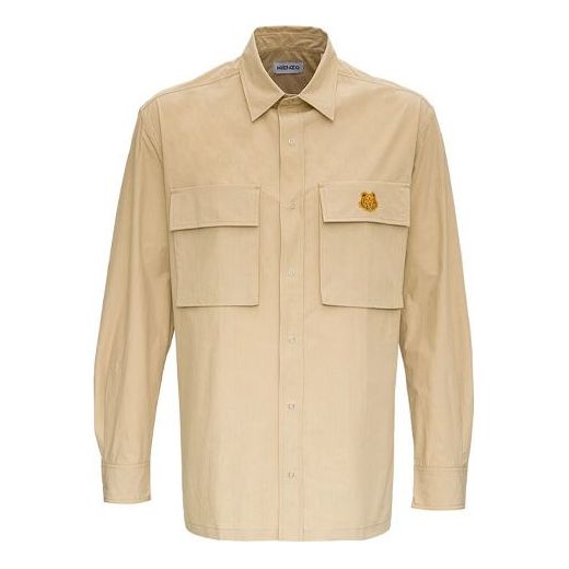 Men's KENZO SS21 Small Tiger Head Pocket Military Long Sleeves Shirt Beige FB55CH5039SA-11