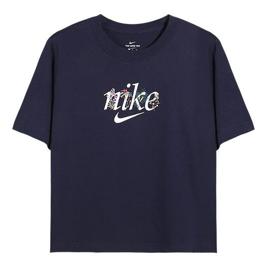 (WMNS) Nike Sportswear Flowers Embroidered Sports Short Sleeve Dark Blue T-Shirt DD1457-451