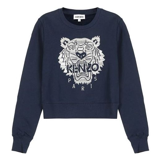 KENZO FW20 Cotton Slim Fit Version Tiger Head Embroidered Round Neck Navy Blue FA62SW7224XF-76