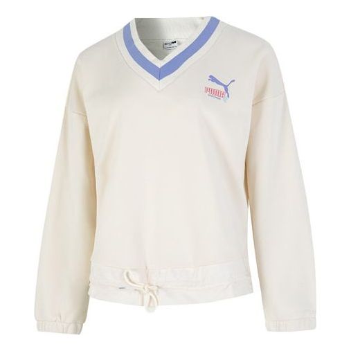 (WMNS) PUMA Logo V neck Sweatshirt 'White' 537524-65