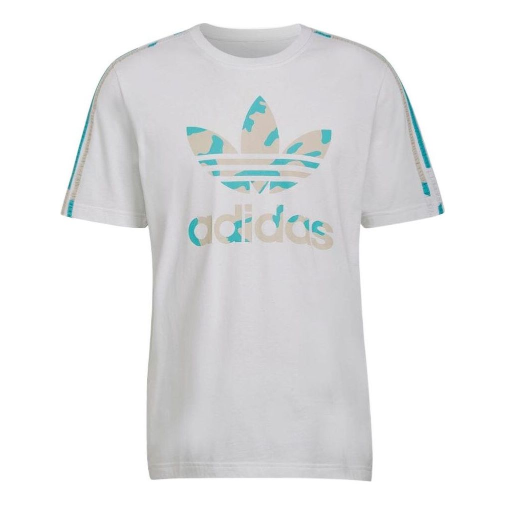 Men's adidas originals Pattern Camouflage Logo Stripe Short Sleeve White T-Shirt HF4892