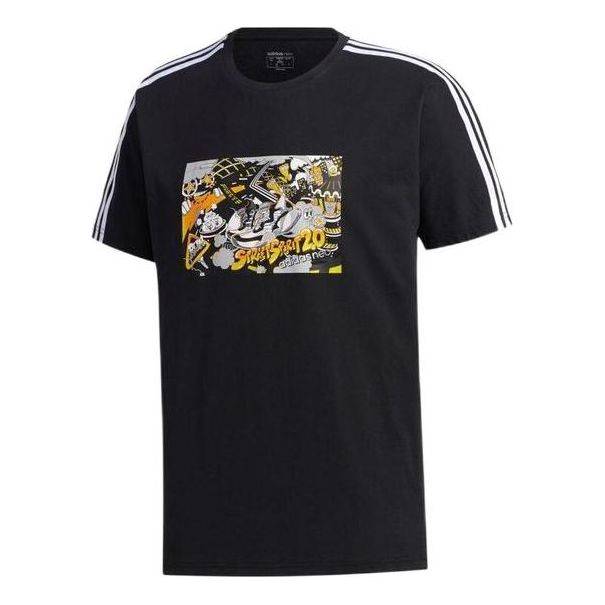 Men's adidas neo Casual Breathable Sports Stripe Printing Short Sleeve Black T-Shirt GK5871