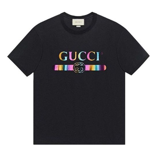 Gucci Colorful Belt Alphabet Short Sleeve Black 548334-XJA09-1082