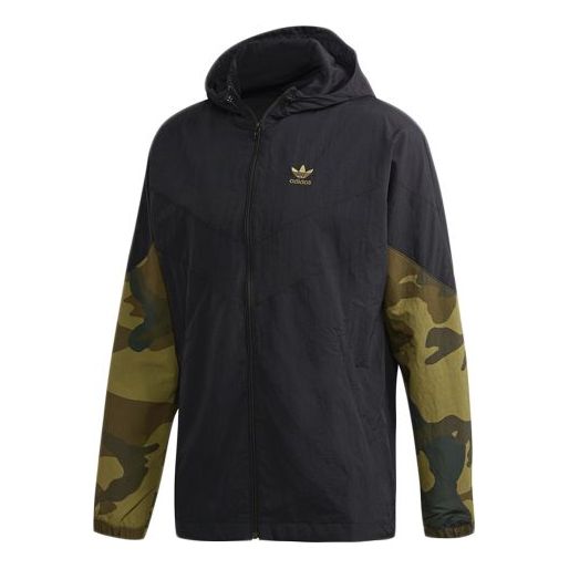 adidas originals Camo Wb Camouflage Splicing Sports hooded Windbreaker Jacket Black FM3359
