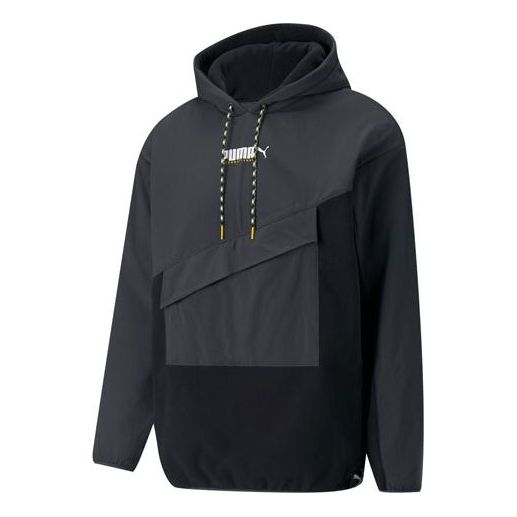 PUMA Fleece Lined Casual Drawstring hooded Splicing Pullover Black 533086-01