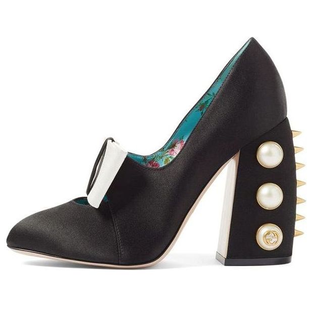 (WMNS) Gucci Silk Satin Pearl Studded Luna Bow Pumps 36 'Black Gold' 465985-F1430-1068