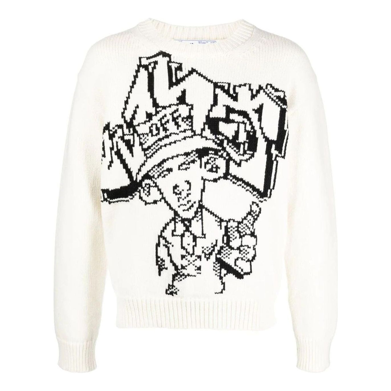 Men's Off-White FW22 Pattern Intarsia Knit Round Neck Long Sleeves Wool Sweater Loose Fit White OMHE136F22KNI0020310