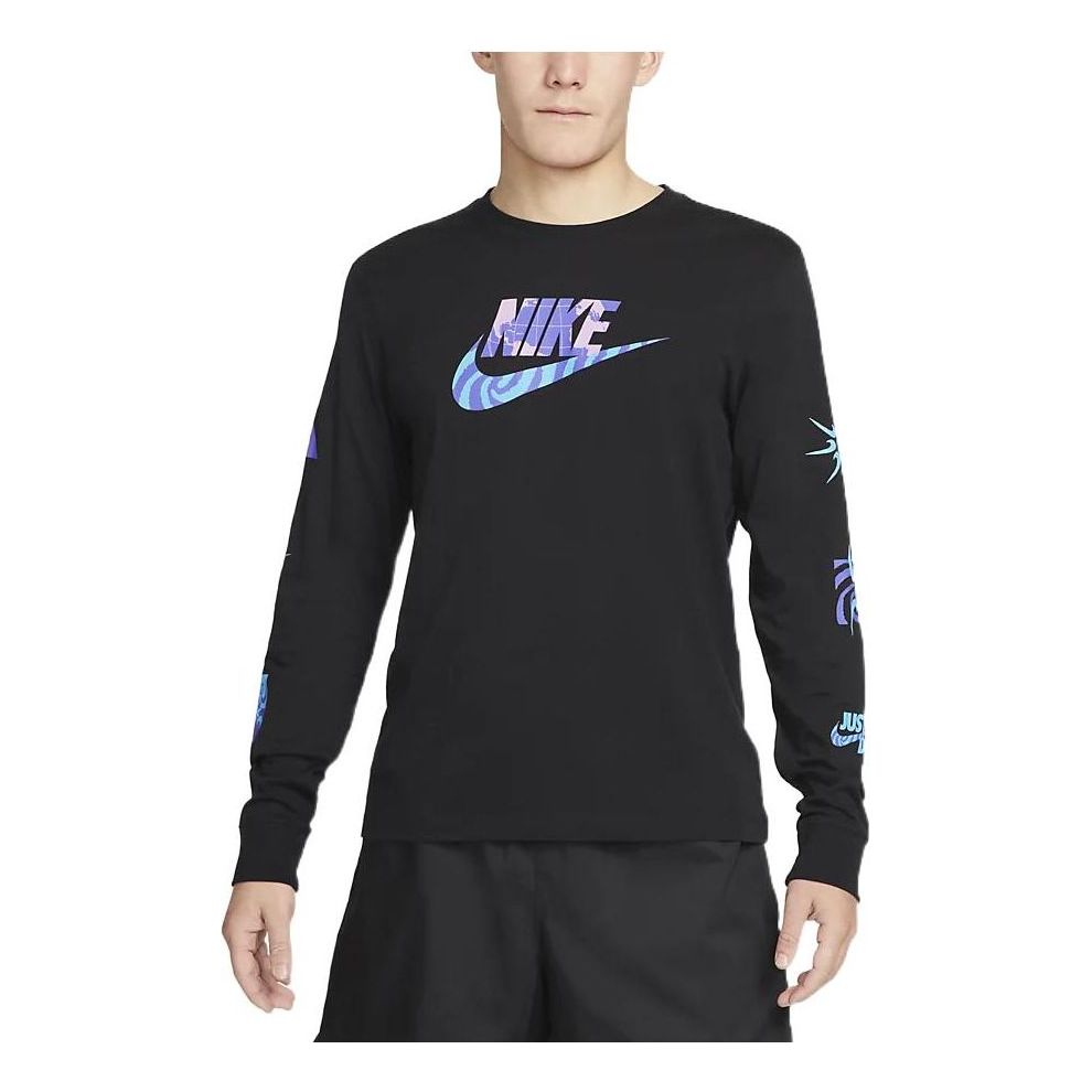 Men's Nike Solid Color Chest Multi-Color Logo Round Neck Long Sleeves Black T-Shirt DQ1072-010