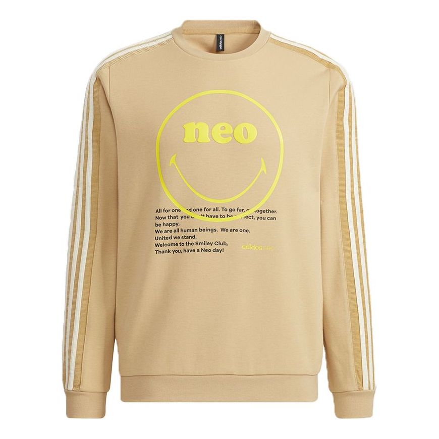 Men's adidas neo x SMILEY Crossover Smly Swt Smiling Face Printing Stripe Sports Round Neck Pullover Khaki H45522