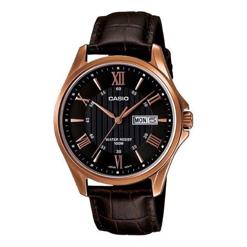 CASIO DRESSSeries LeatherWatch Men's Black/Pink Quartz Waterproof Black Dial Mens Black Analog MTP-1384L-1AV