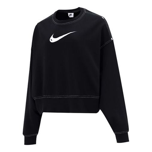 (WMNS) Nike Sportswear Swoosh Logo Embroidered Loose Knit Short Round Neck Pullover Black Hoodie DO7212-010