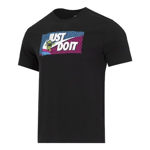 Men's Nike Square Brand Logo Cartoon Printing Round Neck Casual Short Sleeve Black T-Shirt DQ1088-010